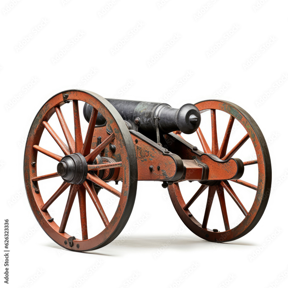An antique cannon on a pristine white backdrop
