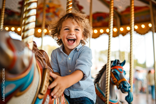 A happy young boy expressing excitement while on a colorful carousel, merry-go-round, having fun at an amusement park