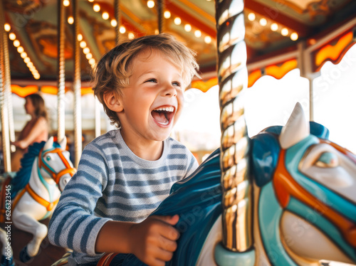 A happy young boy expressing excitement while on a colorful carousel, merry-go-round, having fun at an amusement park