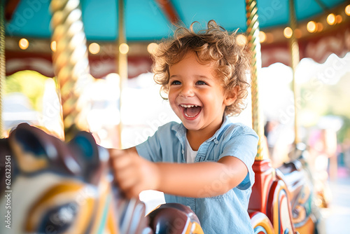 Fototapeta Naklejka Na Ścianę i Meble -  A happy young boy expressing excitement while on a colorful carousel, merry-go-round, having fun at an amusement park