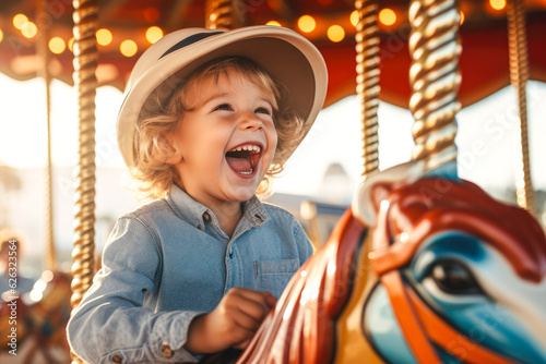 A happy young boy expressing excitement while on a colorful carousel, merry-go-round, having fun at an amusement park photo