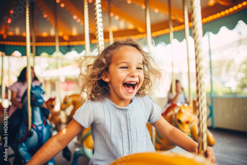 A happy young girl expressing excitement while on a colorful carousel  merry-go-round  having fun at an amusement park
