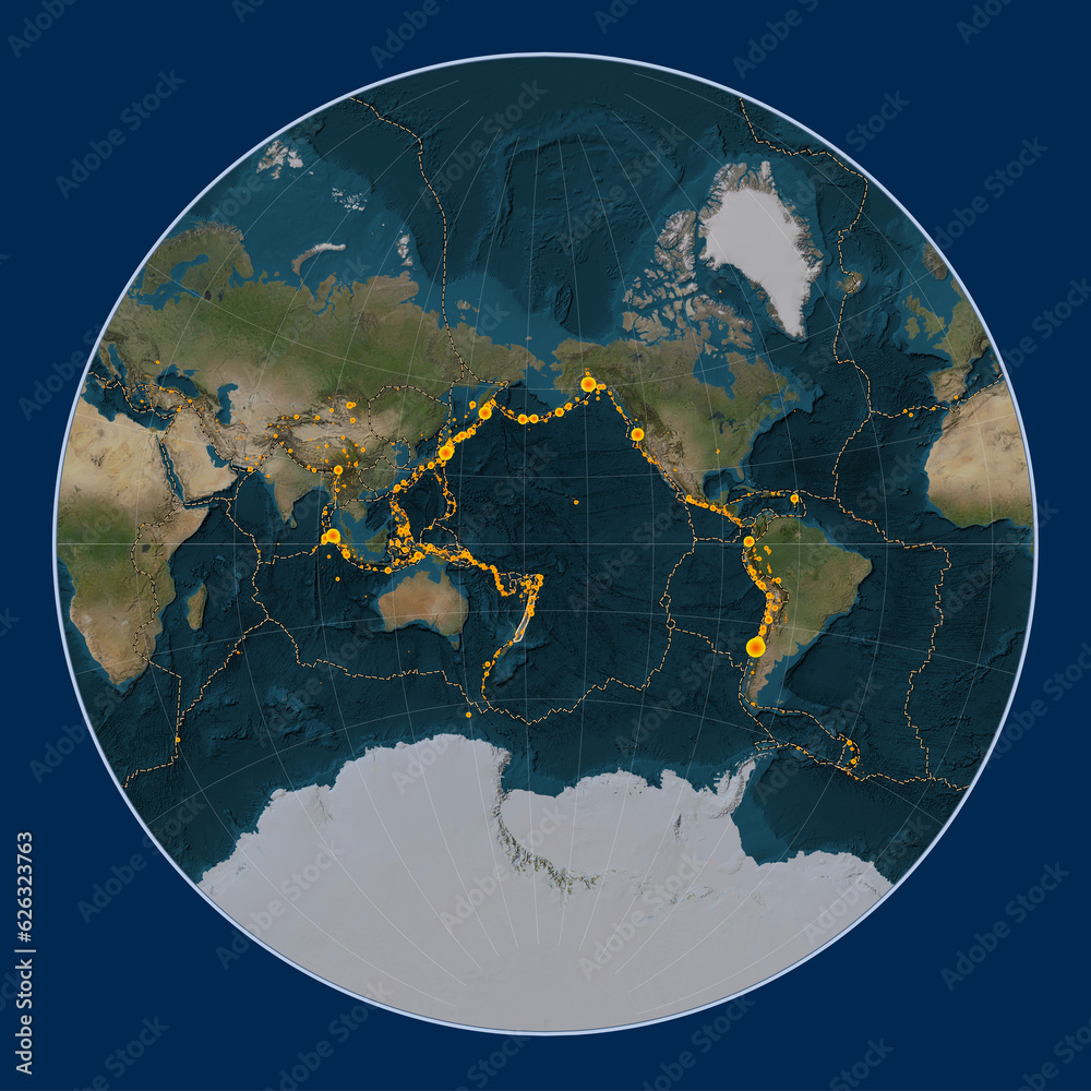 Kermadec tectonic plate. Satellite. Lagrange. Earthquakes and boundaries
