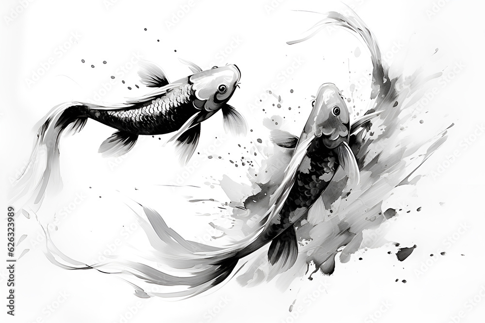 Koi fish illustration in Chinese brush stroke calligraphy in black and grey drawing inking - obrazy, fototapety, plakaty 