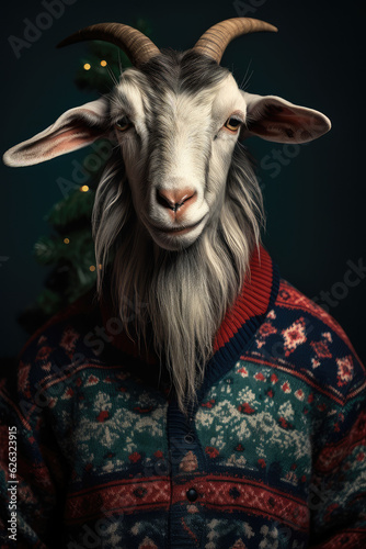 Goat in Christmas sweater. Generative AI