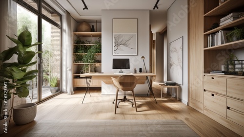 Modern study room area home interior design and decoration ideas house beautiful background,home studio with natural day light,ai generate photo