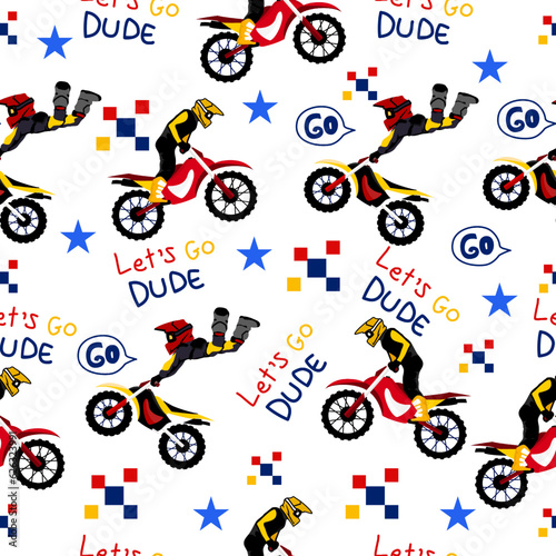 Extreme Motocross concept design pattern.Motocross and trophy cartoon pattern.Motocross pattern for kids clothing, printing, fabric ,cover.Monster car, dirty motorbike pattern.