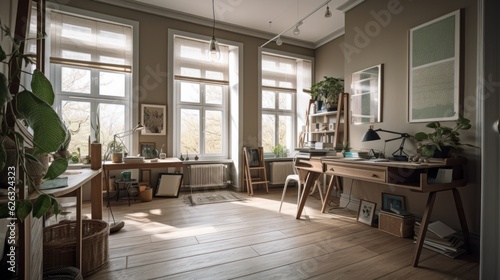 Modern study room area home interior design and decoration ideas house beautiful background,home studio with natural day light,ai generate