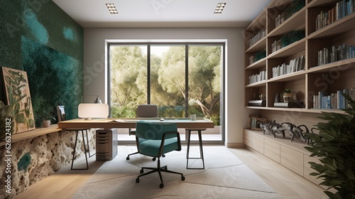 Modern study room area home interior design and decoration ideas house beautiful background,home studio with natural day light with garden or park background,ai generate © VERTEX SPACE