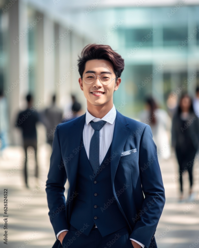 Photo of a successful Asian businessman in an office suit on the street near a business center. Generative AI Photo of a successful Asian businessman in an office suit on the street near a business center. Generative AI