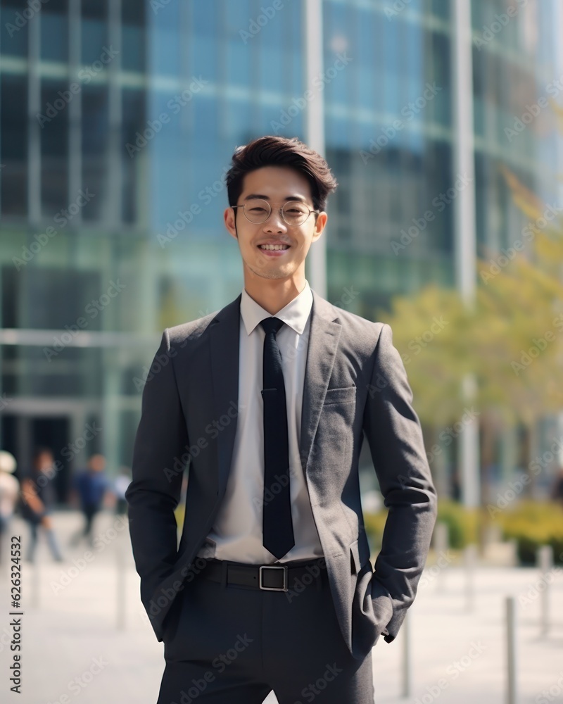 Photo of a successful Asian businessman in an office suit on the street near a business center. 