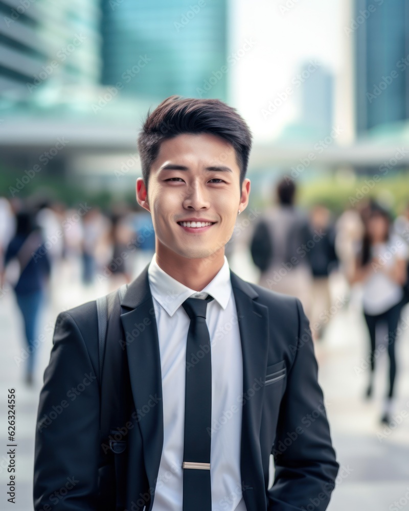 Photo of a successful Asian businessman in an office suit on the street near a business center. Photo of a successful Asian businessman in an office suit on the street near a business center.