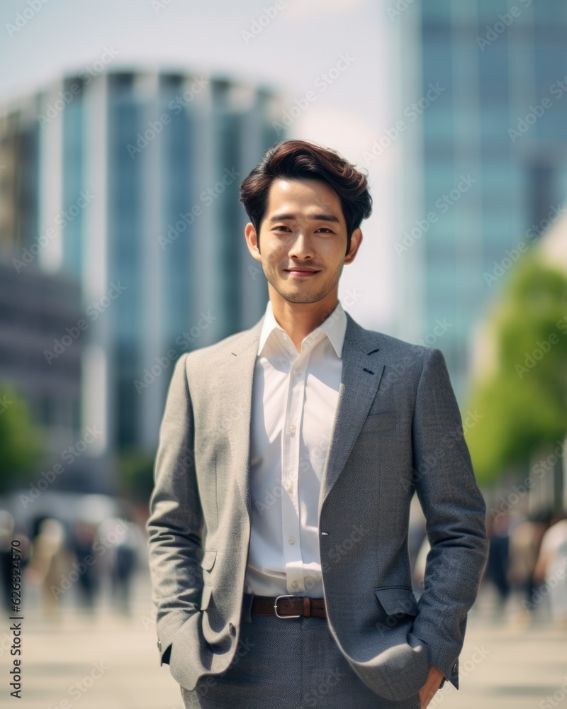 Photo of a successful Asian businessman in an office suit on the street near a business center. Photo of a successful Asian businessman in an office suit on the street near a business center.