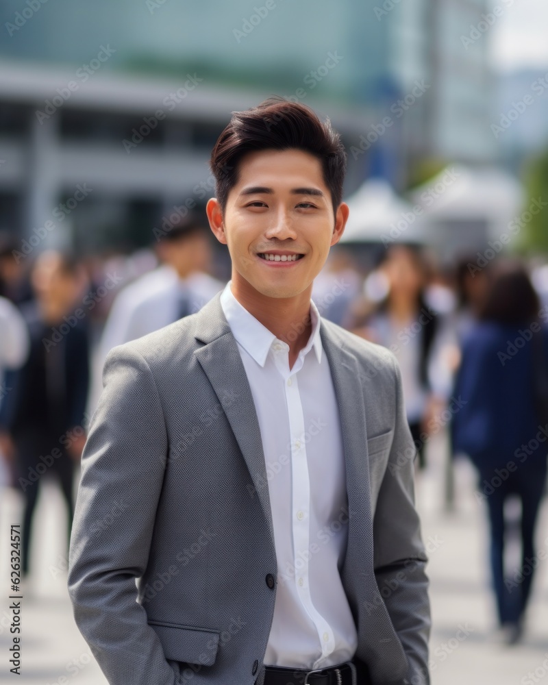 Photo of a successful Asian businessman in an office suit on the street near a business center. Photo of a successful Asian businessman in an office suit on the street near a business center.
