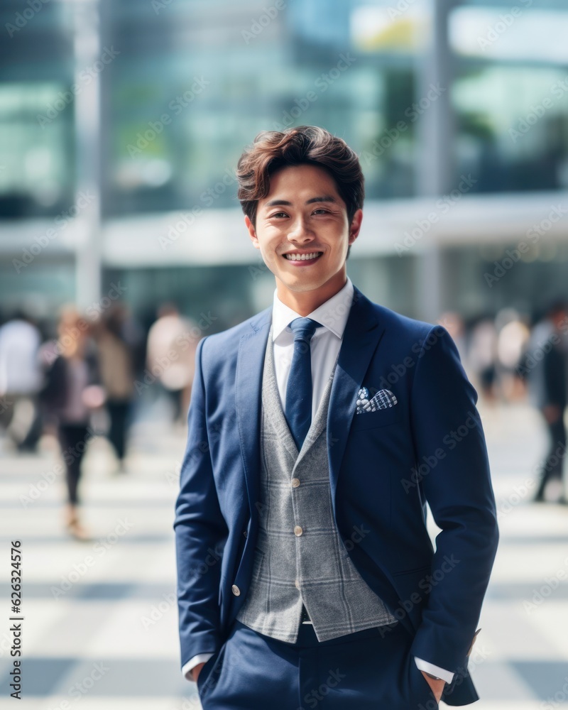 Photo of a successful Asian businessman in an office suit on the street near a business center. Photo of a successful Asian businessman in an office suit on the street near a business center.