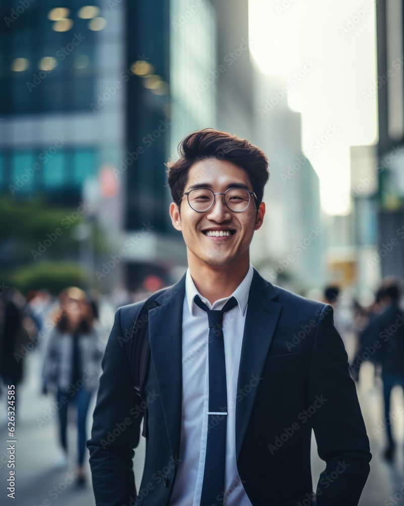 Photo of a successful Asian businessman in an office suit on the street near a business center. 