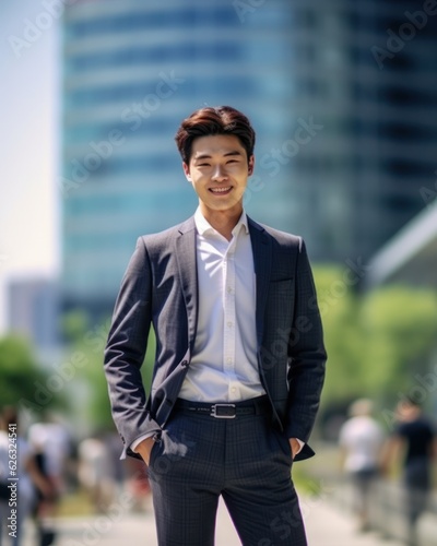 Photo of a successful Asian businessman in an office suit on the street near a business center. Generative AI