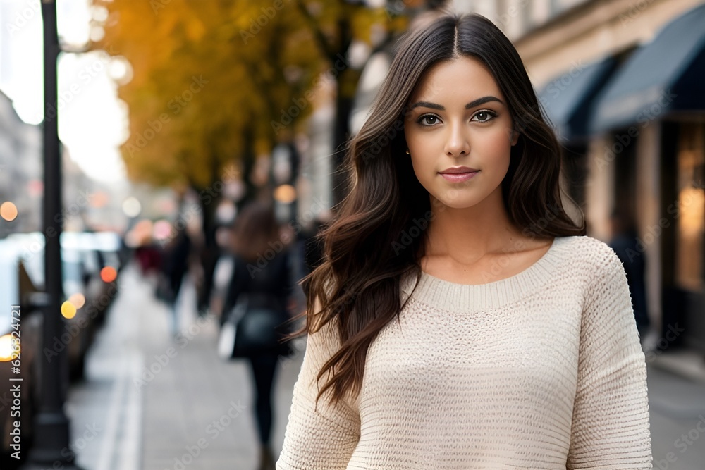 Close-up portrait of a woman with long hair in a warm autumn city street