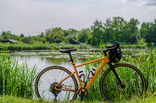 Gravel bicycle in the city park on the spring season