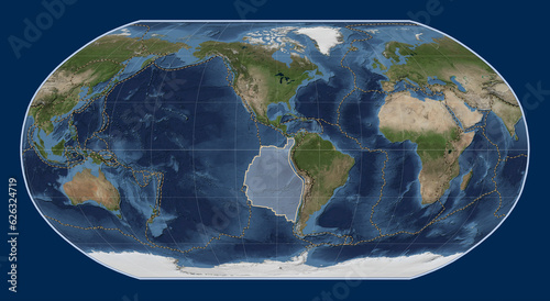 Nazca tectonic plate. Satellite. Robinson. Boundaries