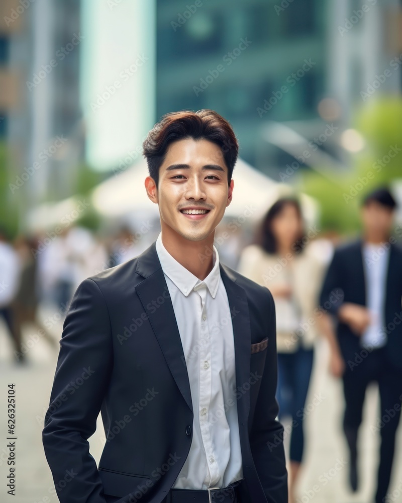 Photo of a successful Asian businessman in an office suit on the street near a business center. Photo of a successful Asian businessman in an office suit on the street near a business center.