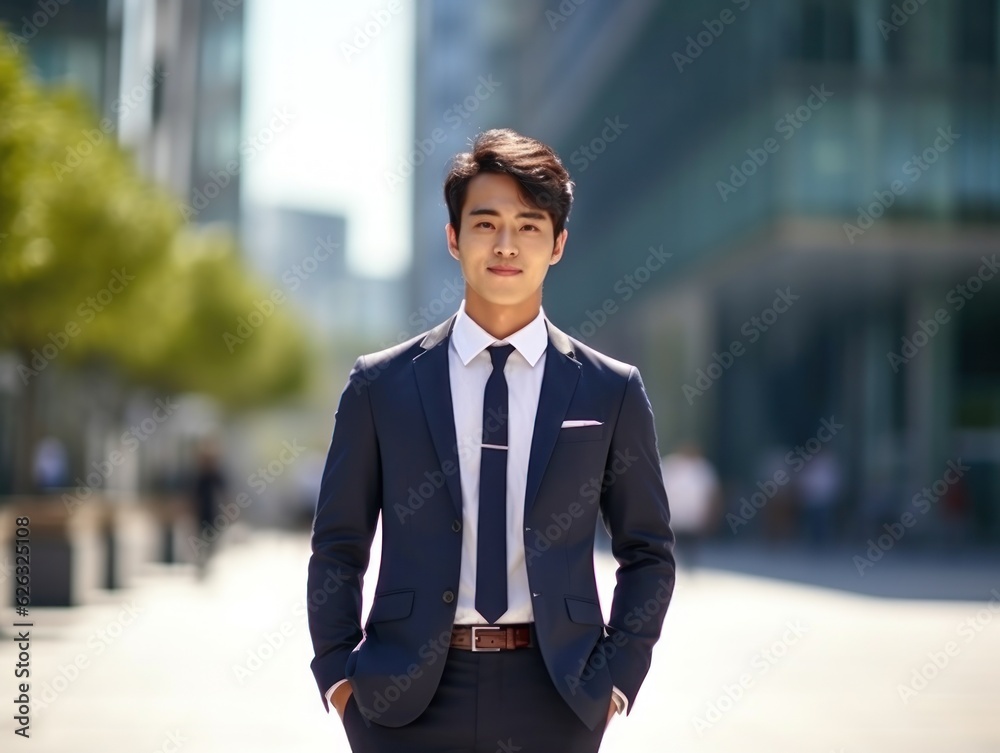 Photo of a successful Asian businessman in an office suit on the street near a business center. Photo of a successful Asian businessman in an office suit on the street near a business center.