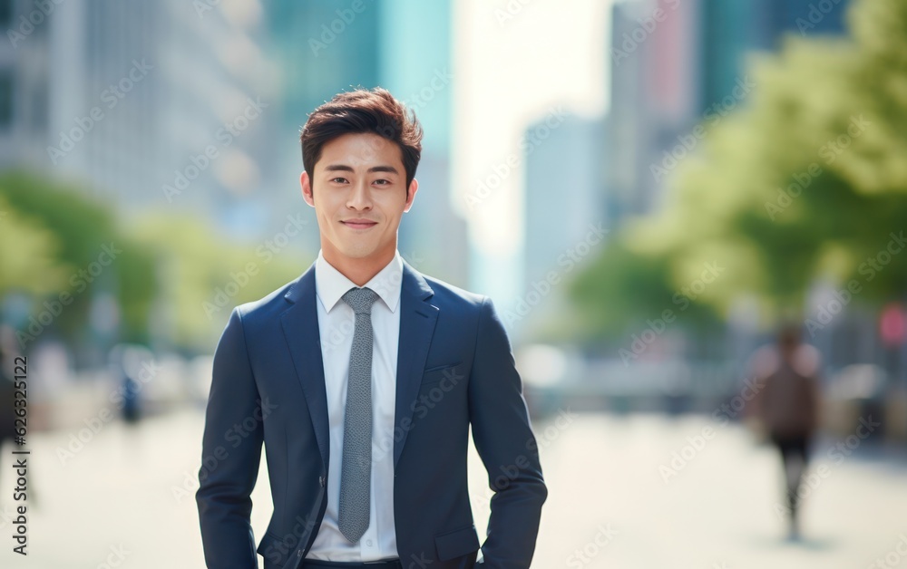 Photo of a successful Asian businessman in an office suit on the street near a business center. Photo of a successful Asian businessman in an office suit on the street near a business center.