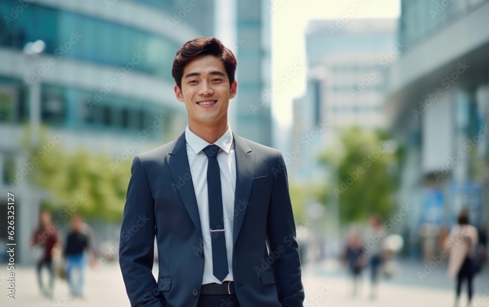 Photo of a successful Asian businessman in an office suit on the street near a business center. Photo of a successful Asian businessman in an office suit on the street near a business center.