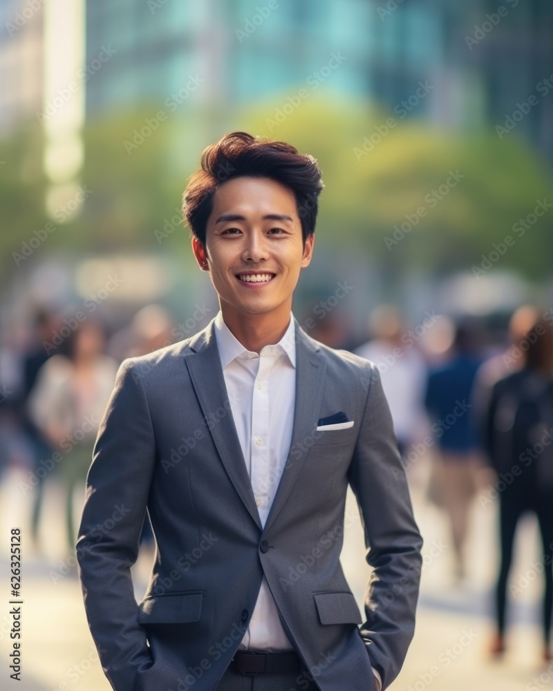 Photo of a successful Asian businessman in an office suit on the street near a business center. Photo of a successful Asian businessman in an office suit on the street near a business center.