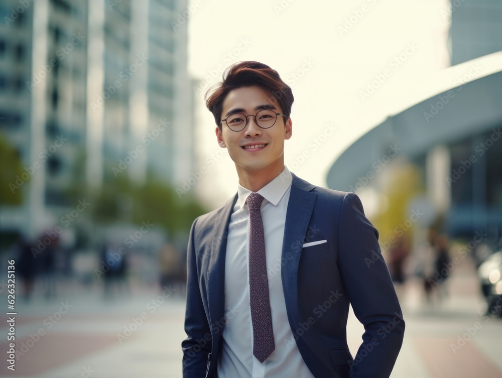 Photo of a successful Asian businessman in an office suit on the street near a business center. Photo of a successful Asian businessman in an office suit on the street near a business center.