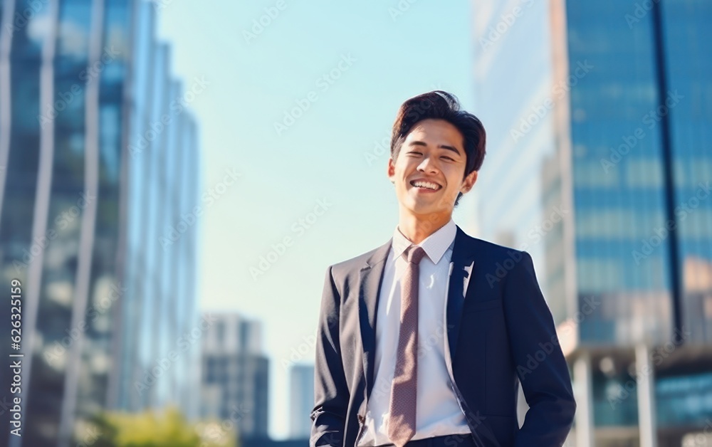Photo of a successful Asian businessman in an office suit on the street near a business center. Photo of a successful Asian businessman in an office suit on the street near a business center.