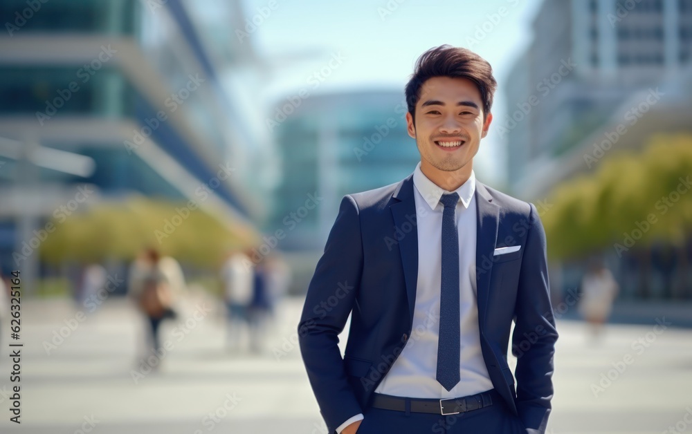 Photo of a successful Asian businessman in an office suit on the street near a business center. 