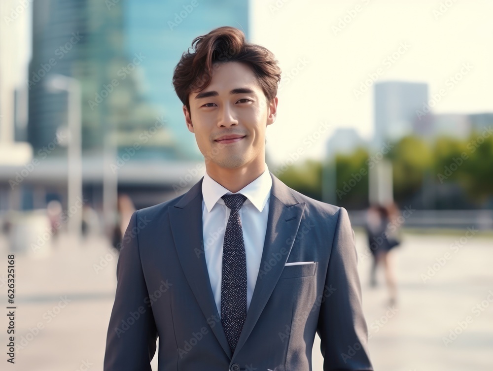 Photo of a successful Asian businessman in an office suit on the street near a business center. Photo of a successful Asian businessman in an office suit on the street near a business center.