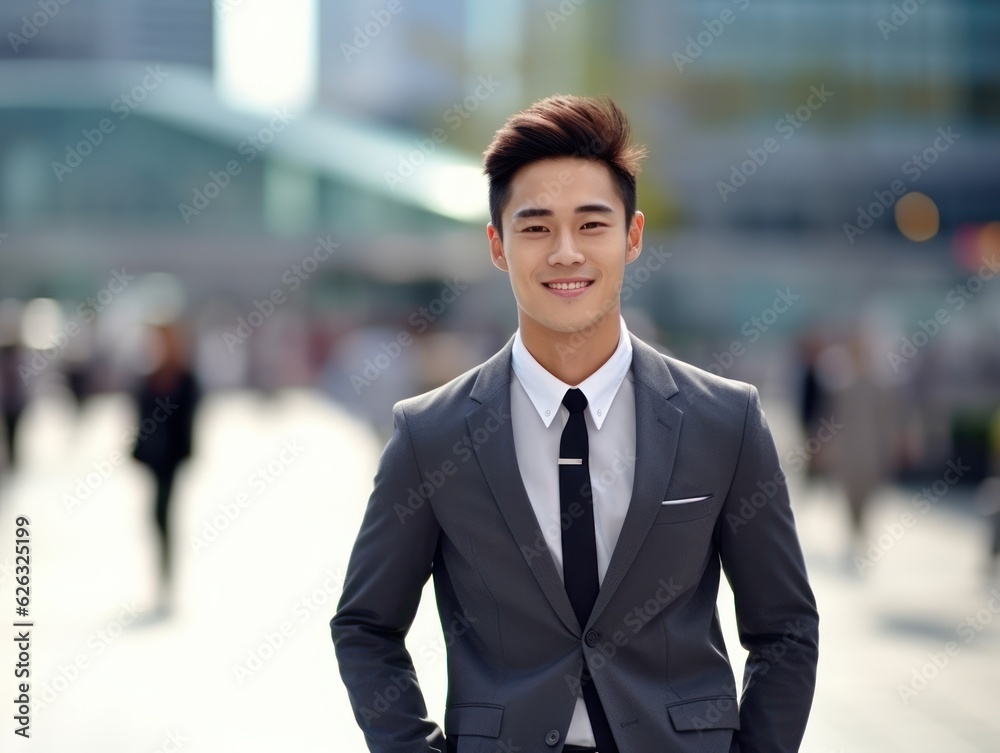 Photo of a successful Asian businessman in an office suit on the street near a business center. Photo of a successful Asian businessman in an office suit on the street near a business center.