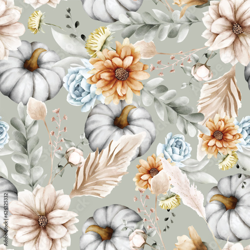 beautiful flower and pumpkin watercolor seamless pattern