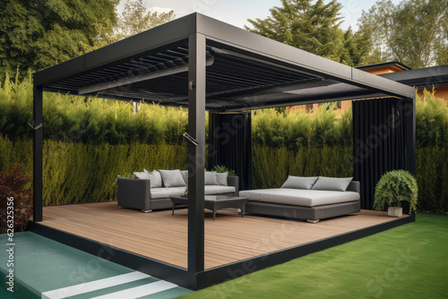 Modern black bio climatic pergola with top view on an outdoor patio. Teak wood flooring, a pool, and lounge chairs. green grass and trees in a garden, generative AI 