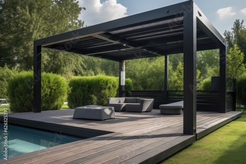 Modern black bio climatic pergola with top view on an outdoor patio. Teak wood flooring, a pool, and lounge chairs. green grass and trees in a garden, generative AI   © Kien