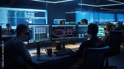 Network operations center ( NOC) with technicians monitoring network traffic, troubleshooting issues, and ensuring network performance