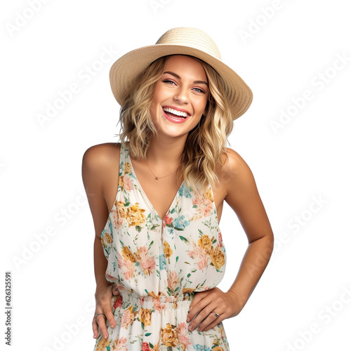 woman dressed in a floral print romper, a straw hat, isolated on a transparent white background 