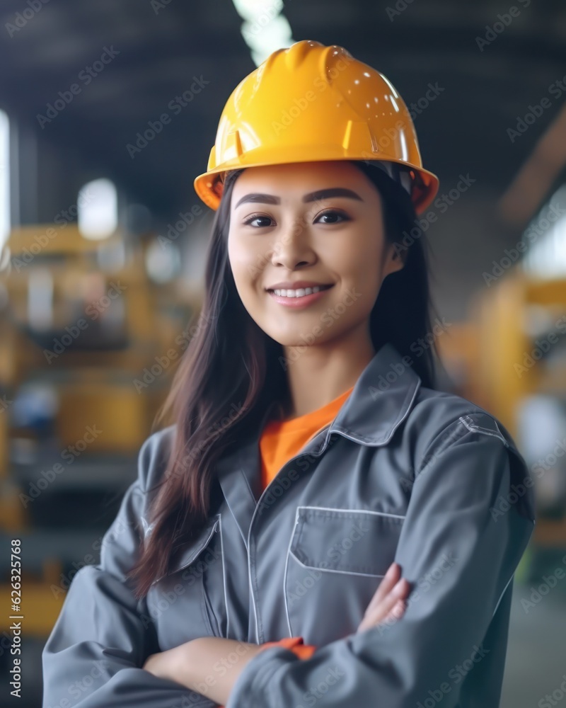 Beatiful confidence asian woman builder worker in uniform and safety helmet smilling. Labour day Beatiful confidence asian woman builder worker in uniform and safety helmet smilling. Labour day