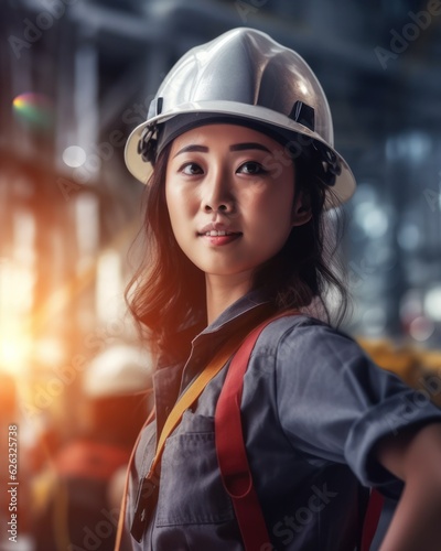Beatiful confidence asian woman builder worker in uniform and safety helmet smilling. Labour day © Viktor