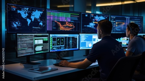 Network operations center ( NOC) with technicians monitoring network traffic, troubleshooting issues, and ensuring network performance