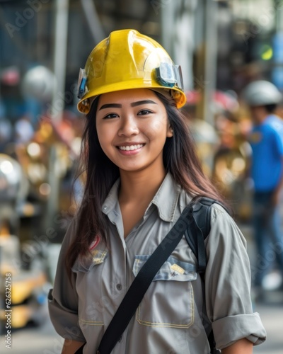 Beatiful confidence asian woman builder worker in uniform and safety helmet smilling. Labour day