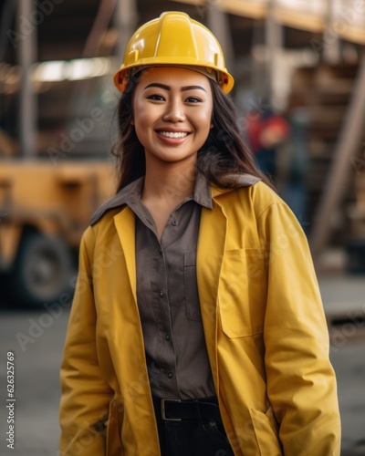 Beatiful confidence asian woman builder worker in uniform and safety helmet smilling. Labour day