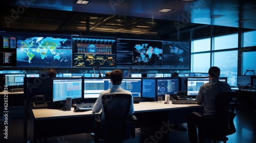 Network operations center ( NOC) with technicians monitoring network traffic, troubleshooting issues, and ensuring network performance
