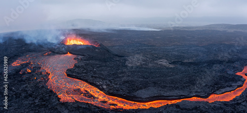 Aerial Panoramic view of Volcano Eruption, Litli-Hrútur Hill, Fagradalsfjall Volcano System in Iceland. Reykjanes Peninsula. High Resolution Ultra Wide Image.