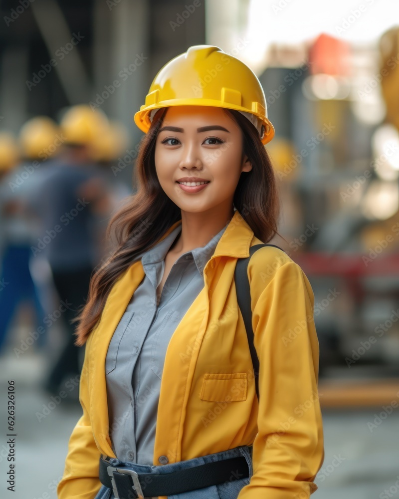 Beatiful confidence asian woman builder worker in uniform and safety helmet smilling. Labour day