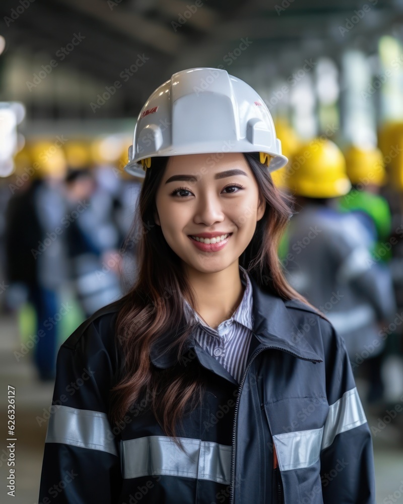 Beatiful confidence asian woman builder worker in uniform and safety helmet smilling. Labour day Beatiful confidence asian woman builder worker in uniform and safety helmet smilling. Labour day