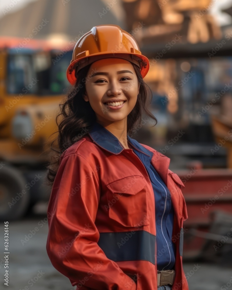 Beatiful confidence asian woman builder worker in uniform and safety helmet smilling. Labour day Beatiful confidence asian woman builder worker in uniform and safety helmet smilling. Labour day