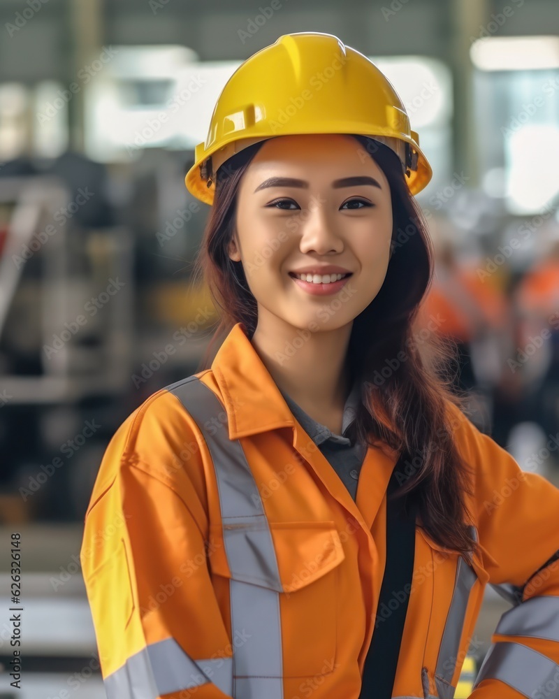Beatiful confidence asian woman builder worker in uniform and safety helmet smilling. Labour day Beatiful confidence asian woman builder worker in uniform and safety helmet smilling. Labour day